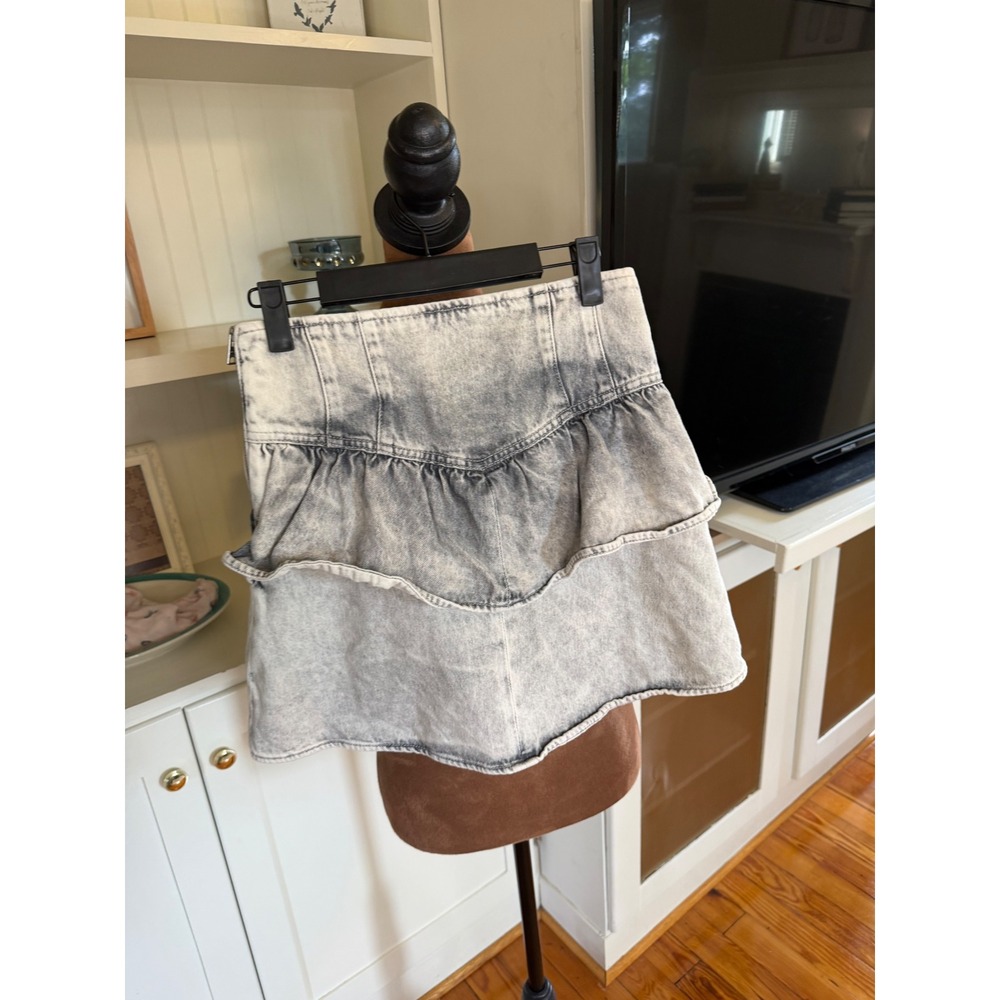 AllSaints Acid Wash Denim Ruffle Mini Skirt Light Grey Acid Wash Size 2